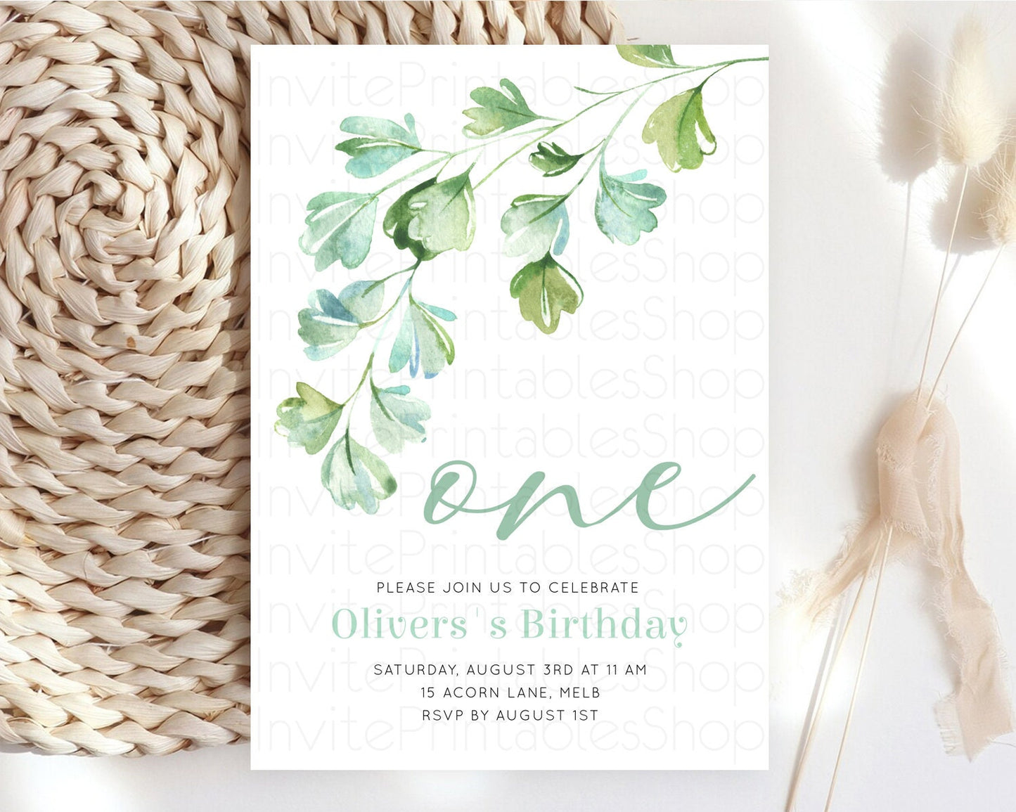 Leafy Birthday Invitation Leafy Invitation Simple Greenery Invitation Eucalyptus Fern Spray Leaves Minimal Green Leaf Watercolour D11057