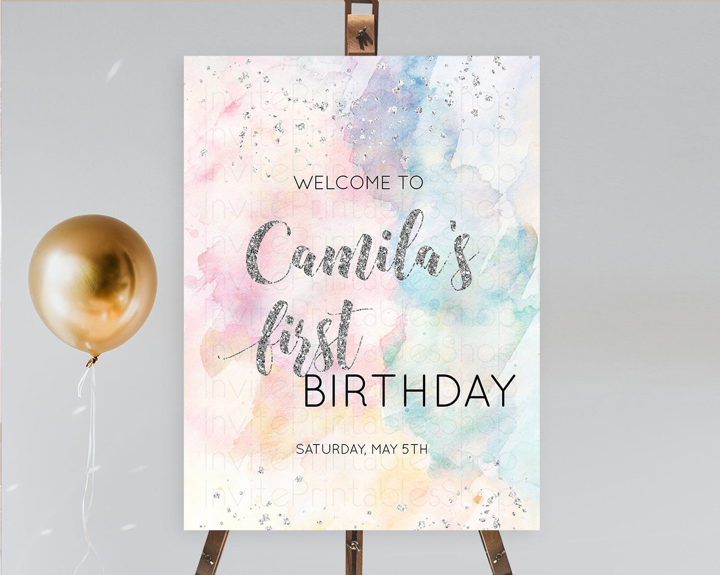 Pastel Rainbow Welcome Sign Pastel Welcome Board Pastel Colorful Party Poster Confetti Watercolor Silver First Birthday Welcome Sign D10944