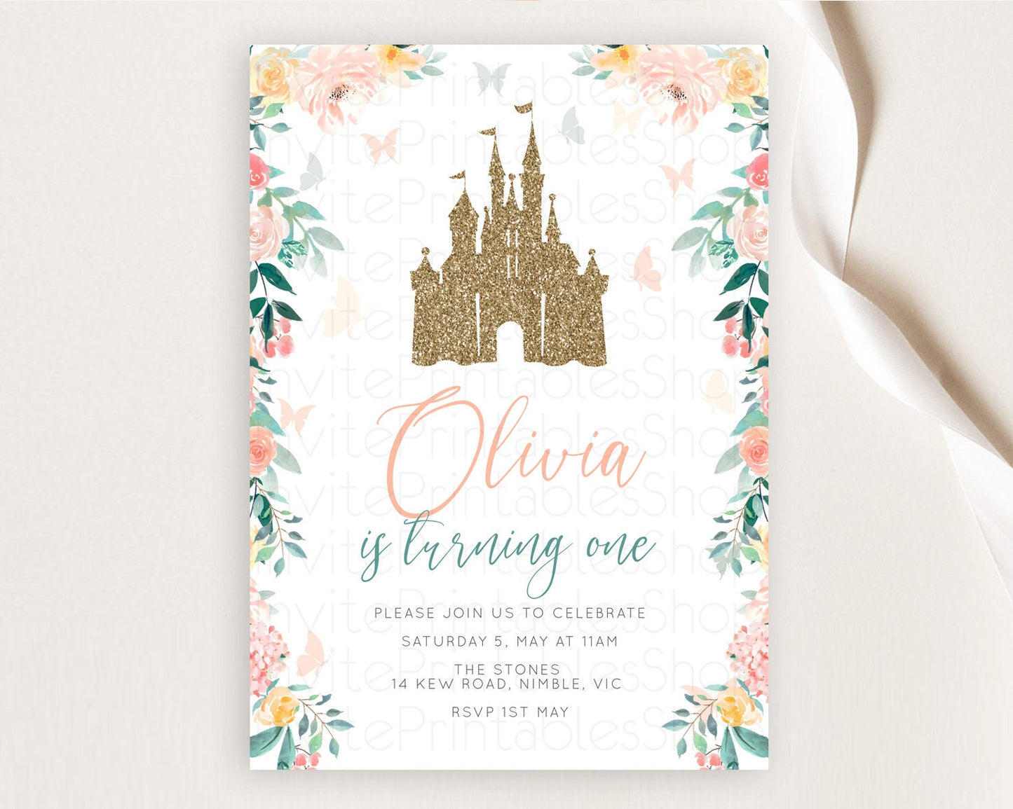 Princess Birthday Invitation Castle Invitation Royal Birthday Fairy Tale Enchanted Castle Pastel Floral Garden 1st First Birthday D10925