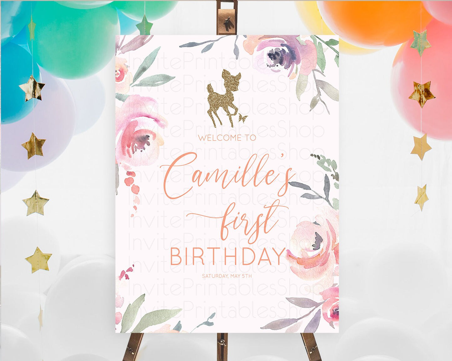 Fawn Welcome Sign Deer Welcome Board Floral Deer Welcome Poster Enchanted Forest Butterfly Pastel Floral First Birthday Welcome Sign D10196