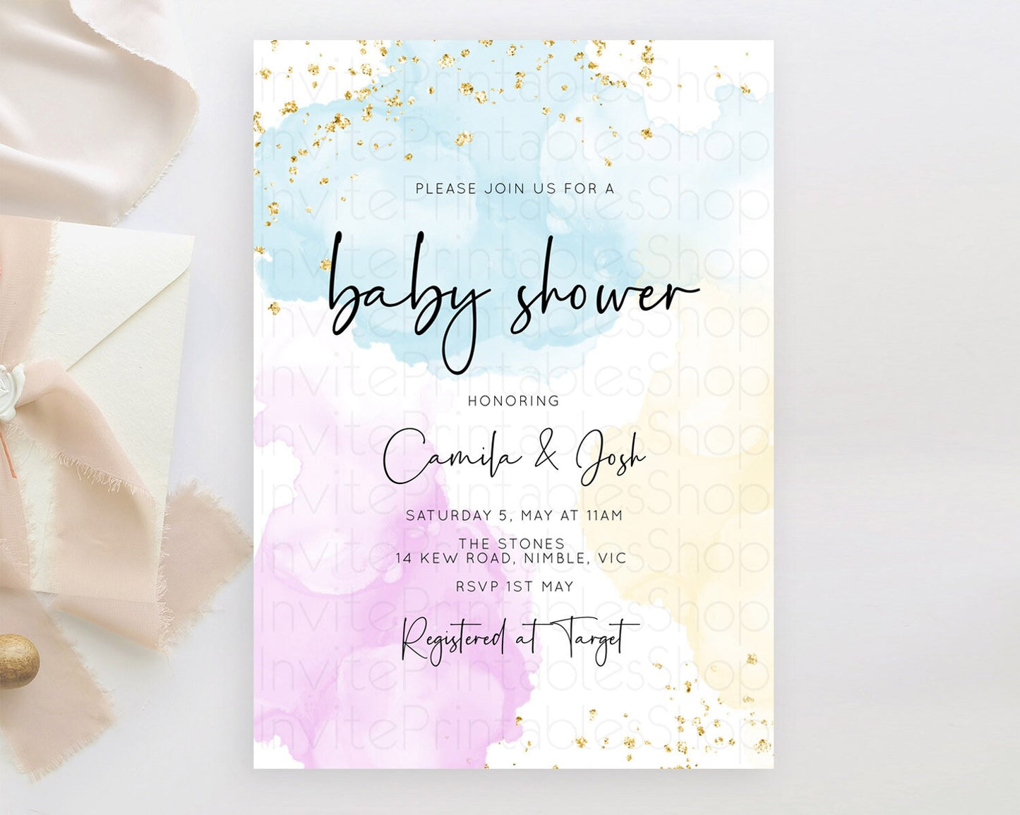 Pastel Baby Shower Invitation Rainbow Baby Shower Invitation Colorful Pastel Watercolor Invitation Gold Glitter Sprinkles Ombre D10155