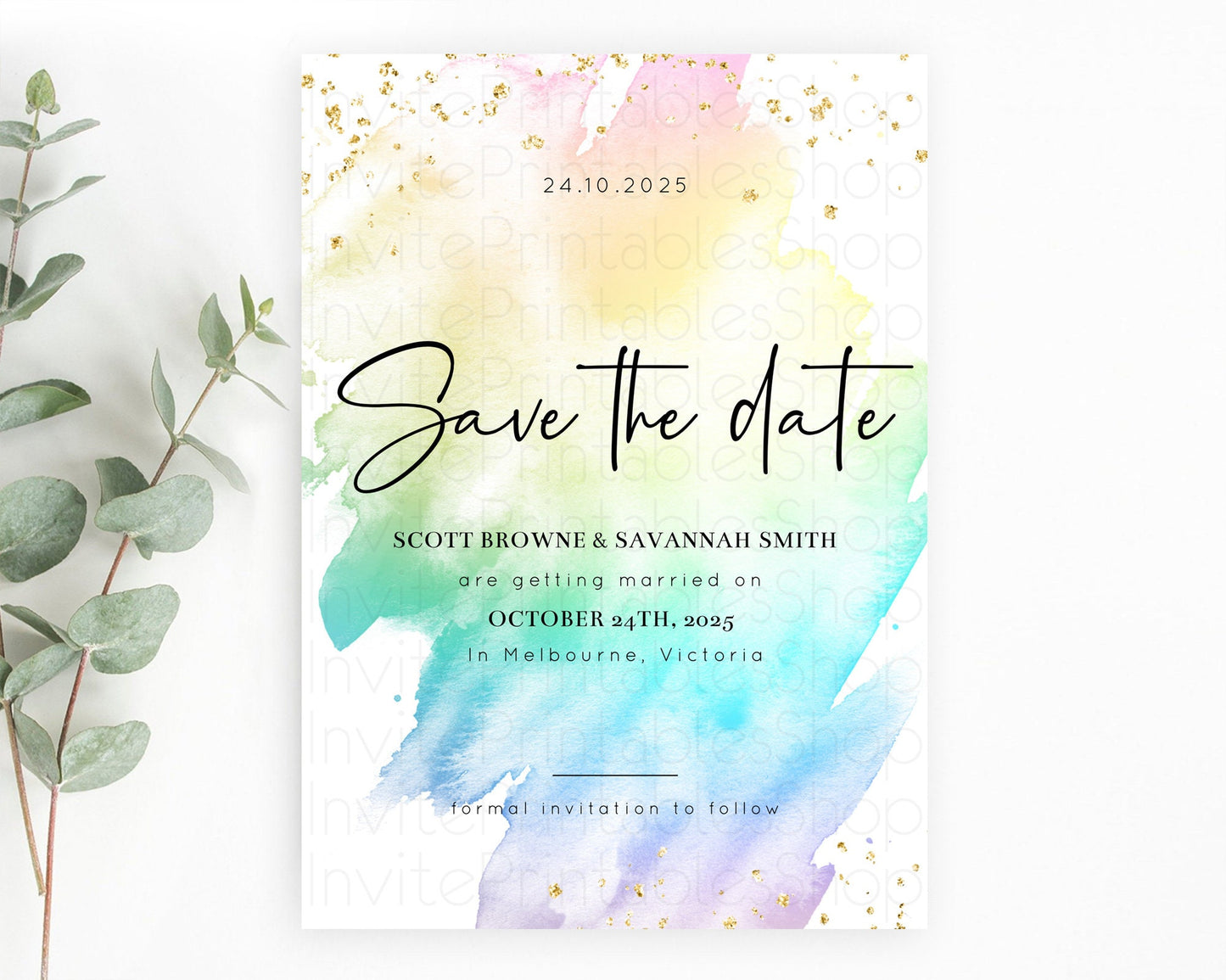 Pastel Save The Date Template Pastel Ombre Rainbow Watercolor Colorful Party For Birthday Baptism Baby Shower Wedding Bridal Shower D10279