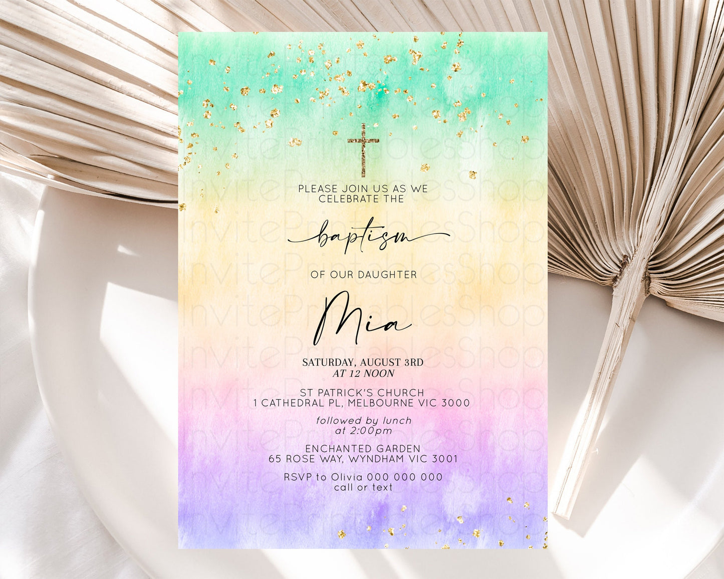 Pastel Baptism Invitation Pastel Colors Watercolor Baptism 1st Birthday Party Gold Ombre Pastel Rainbow Christening Holy Communion D10481