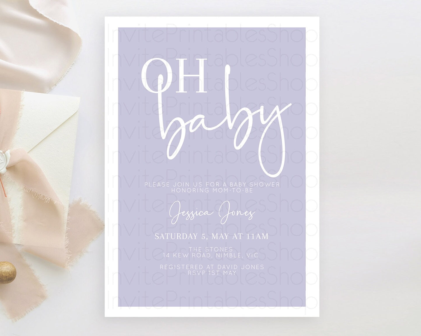 Minimalist Purple Baby Shower Invitation, Purple Invitation, It's a Girl, Modern, Simple Pastel Purple Invitation Stylish Celebration D10942