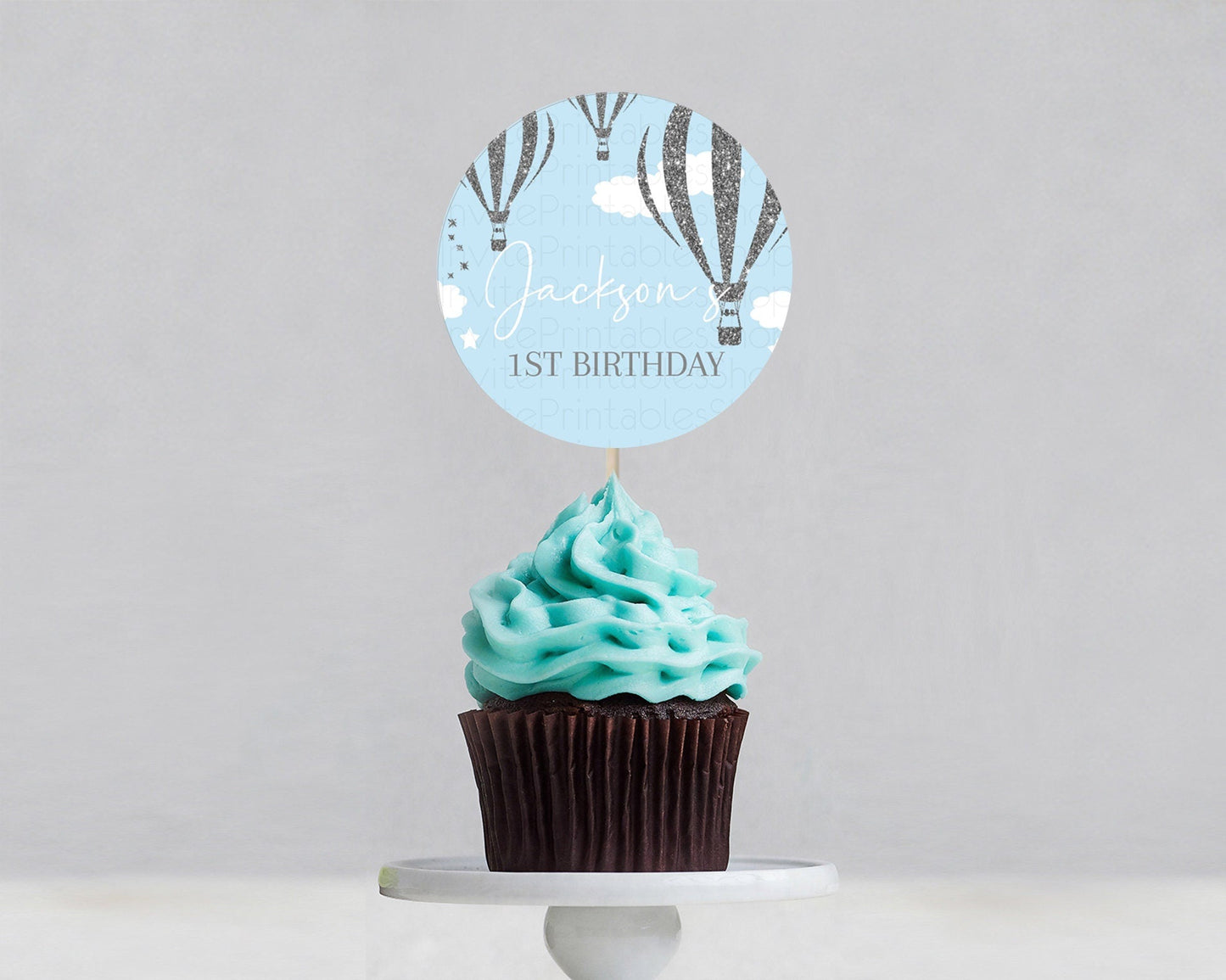 Hot Air Balloon Cupcake Toppers Adventure Awaits Up & Away Glitter Blue Watercolor Cupcake Topper Hot Air Balloon Party Decor D10335