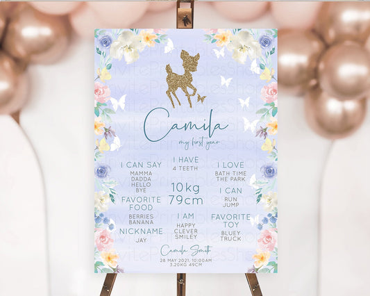 Fawn First Birthday Milestone Board Deer First Birthday Milestone Poster Enchanted Forest Butterfly Pastel Flowers 1st Birthday Sign D10879