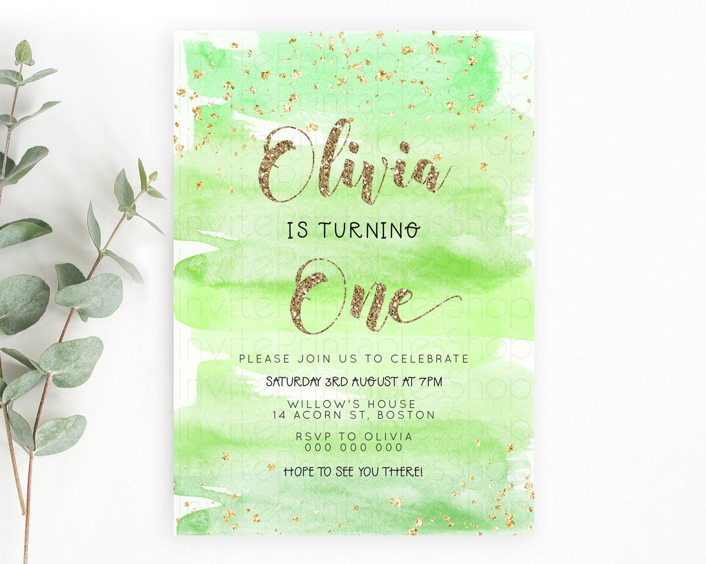 Green Birthday Invitation green Watercolor Invitation Pastel green Watercolor Invitation green Splash Gold Invitation First Birthday D23281