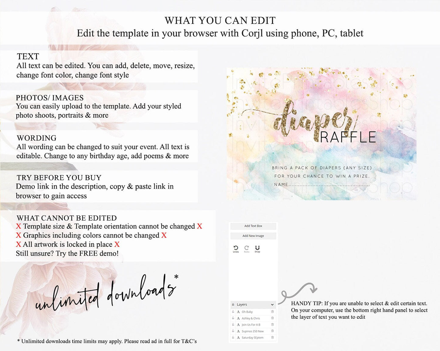 Pastel Diaper Raffle Card Pastel Rainbow Diaper Raffle Insert Colorful Ombre Watercolor Diaper Ticket Confetti Glitter Raffle Game D10264