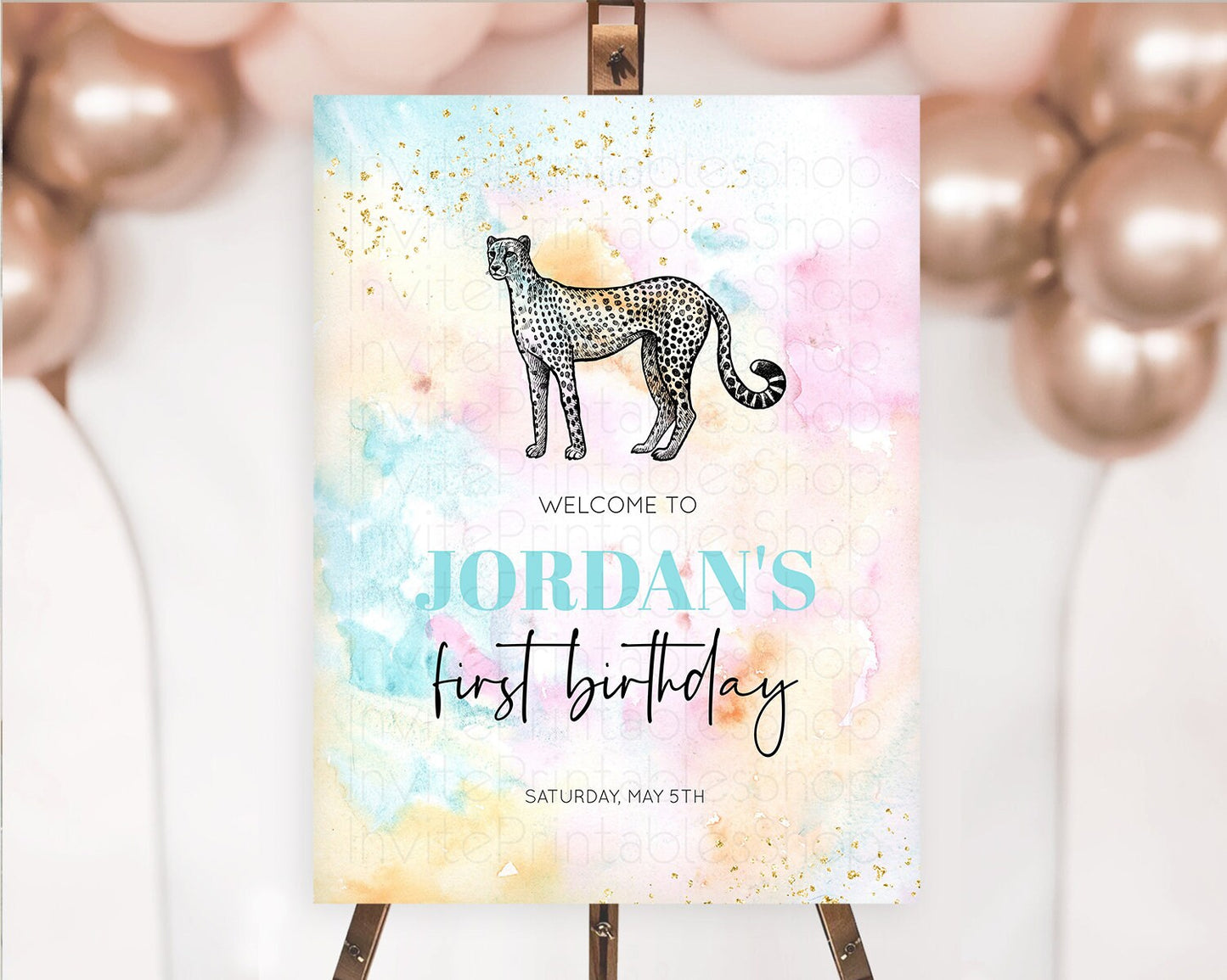 Pastel Cheetah Welcome Sign Rainbow Cheetah Welcome Board Colorful Rainbow Pastel Confetti Watercolor First Birthday Welcome Sign D10289