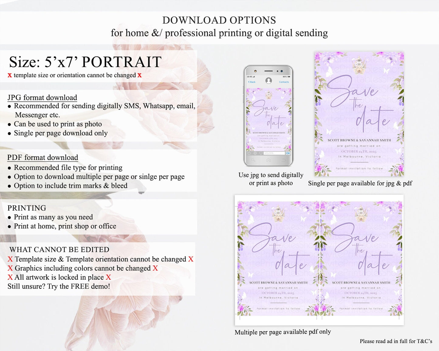 Princess Save The Date Template Secret Garden Enchanted Castle Pastel Floral Royal Party For 1st Birthday Baptism Baby Shower D10339