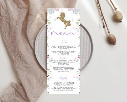 Editable Unicorn Garden Menu Floral Unicorn Menu Template Pastel Floral Secr