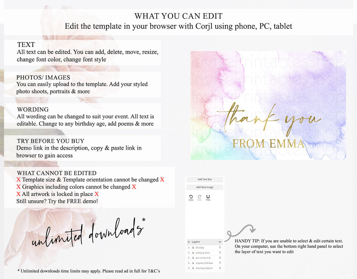 Pastel Thank You Rainbow Thank You Card Colorful Pastel Birthday Thank You Card Confetti Watercolor Pastel Teacher Thank You Cards D10215