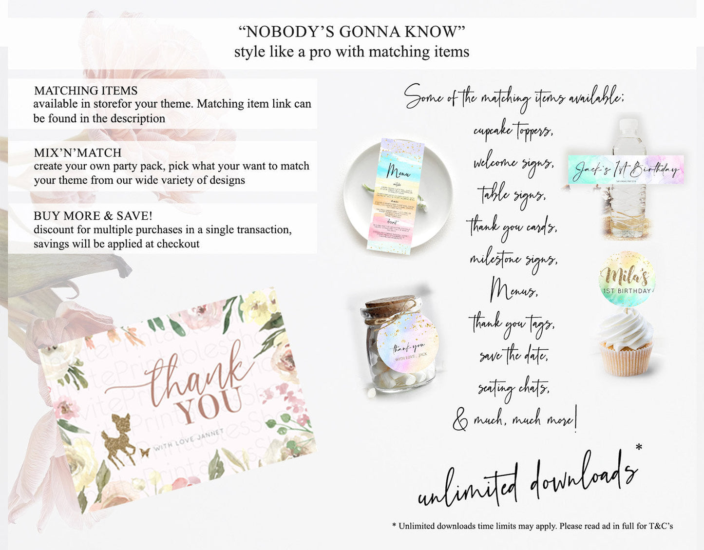 Fawn Thank You Deer Thank You Card Pastel Floral Deer Birthday Thank You Card Enchanted Forest Butterfly Deer Teacher Thank You Card D10193