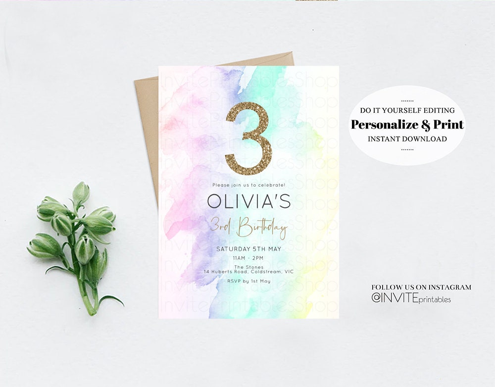 Pastel Rainbow Birthday Invitation Colorful Watercolor Splash Ombre Ink Paint Art Purple Pink Blue Yellow Modern Gold Printable Invite