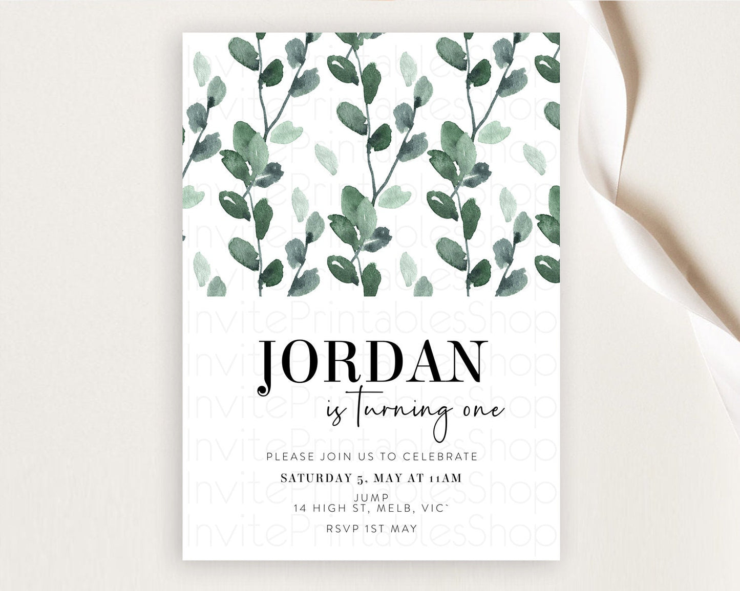 Leafy Birthday Invitation Leafy Invitation Simple Greenery Invitation Eucalyptus Fern Spray Leaves Minimal Green Leaf Watercolour D11059