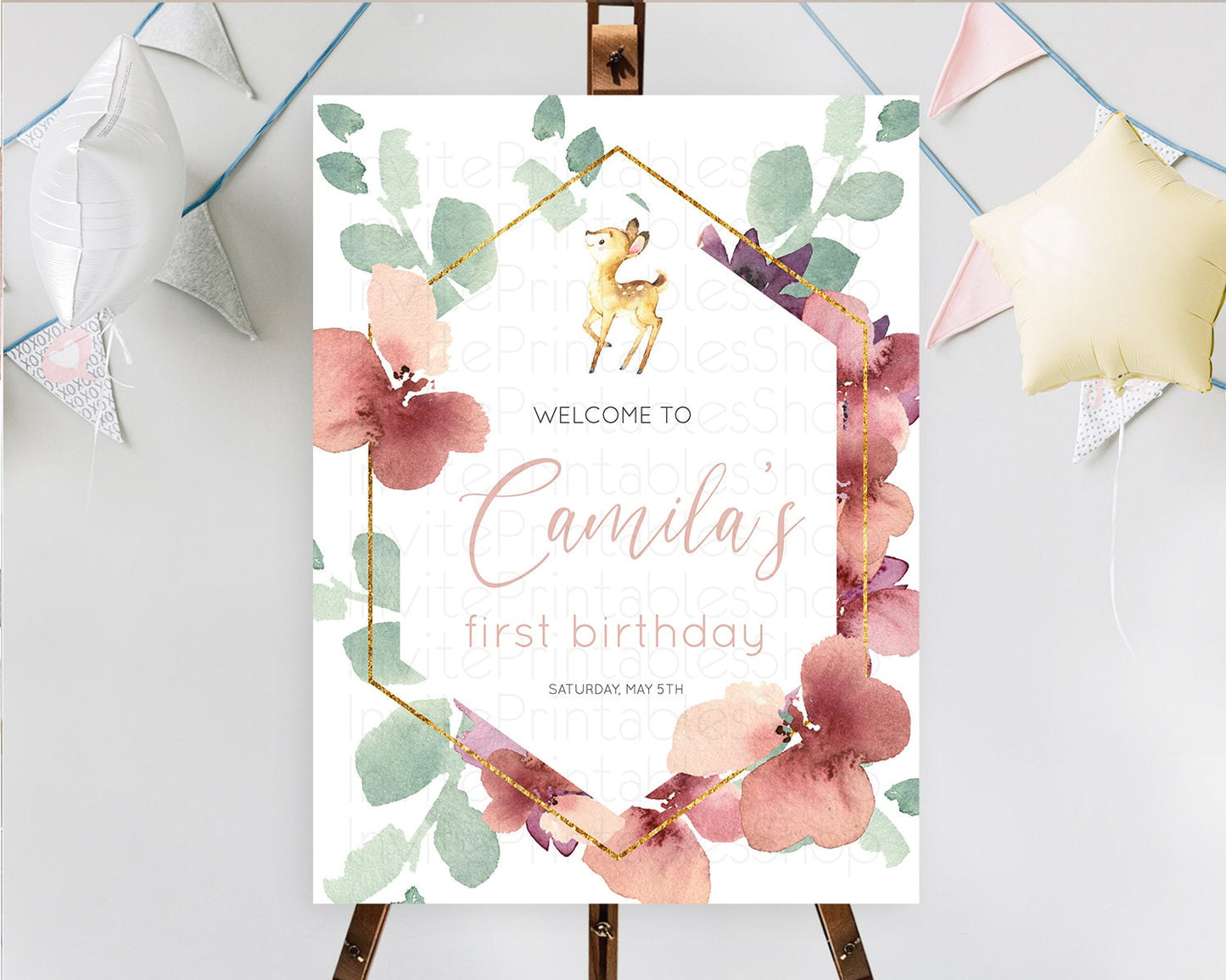 Fawn Welcome Sign Deer Welcome Board Floral Deer Welcome Poster Enchanted Forest Butterfly Pastel Floral First Birthday Welcome Sign D10915