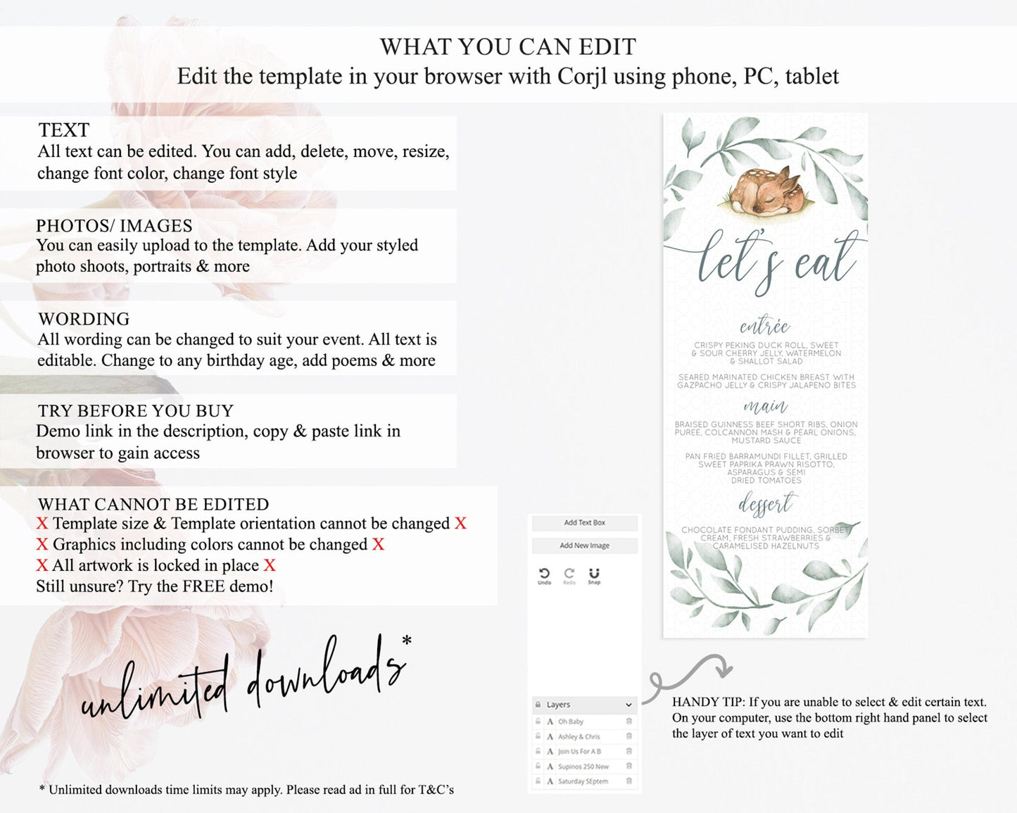 Fawn Menu Deer Menu Template Pastel Floral Deer Table Decor Enchanted Forest Butterfly Floral Dinner Dessert Menu Party Food Menu D10935