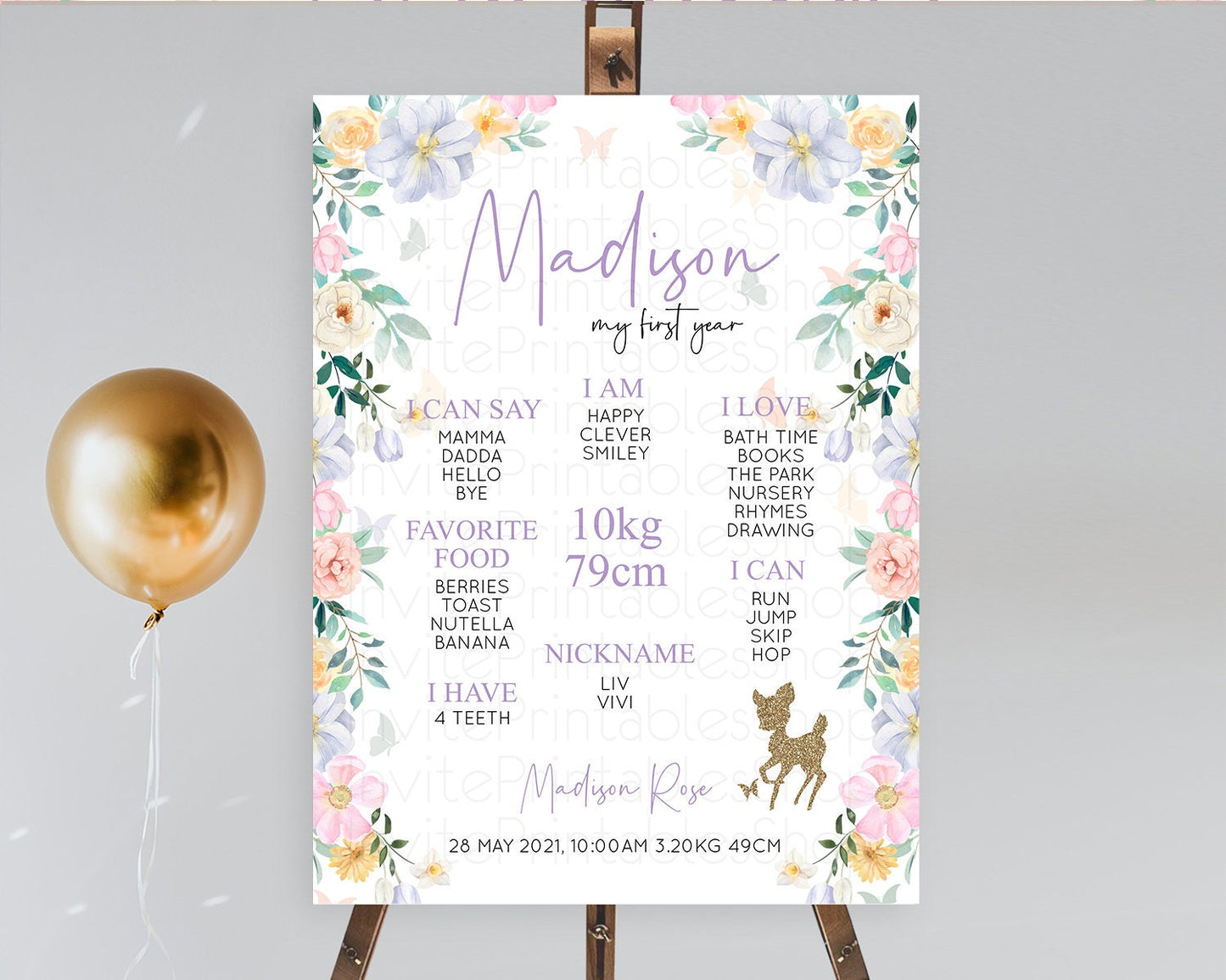 Fawn First Birthday Milestone Board Deer First Birthday Milestone Poster Enchanted Forest Butterfly Pastel Flowers 1st Birthday Sign D10477