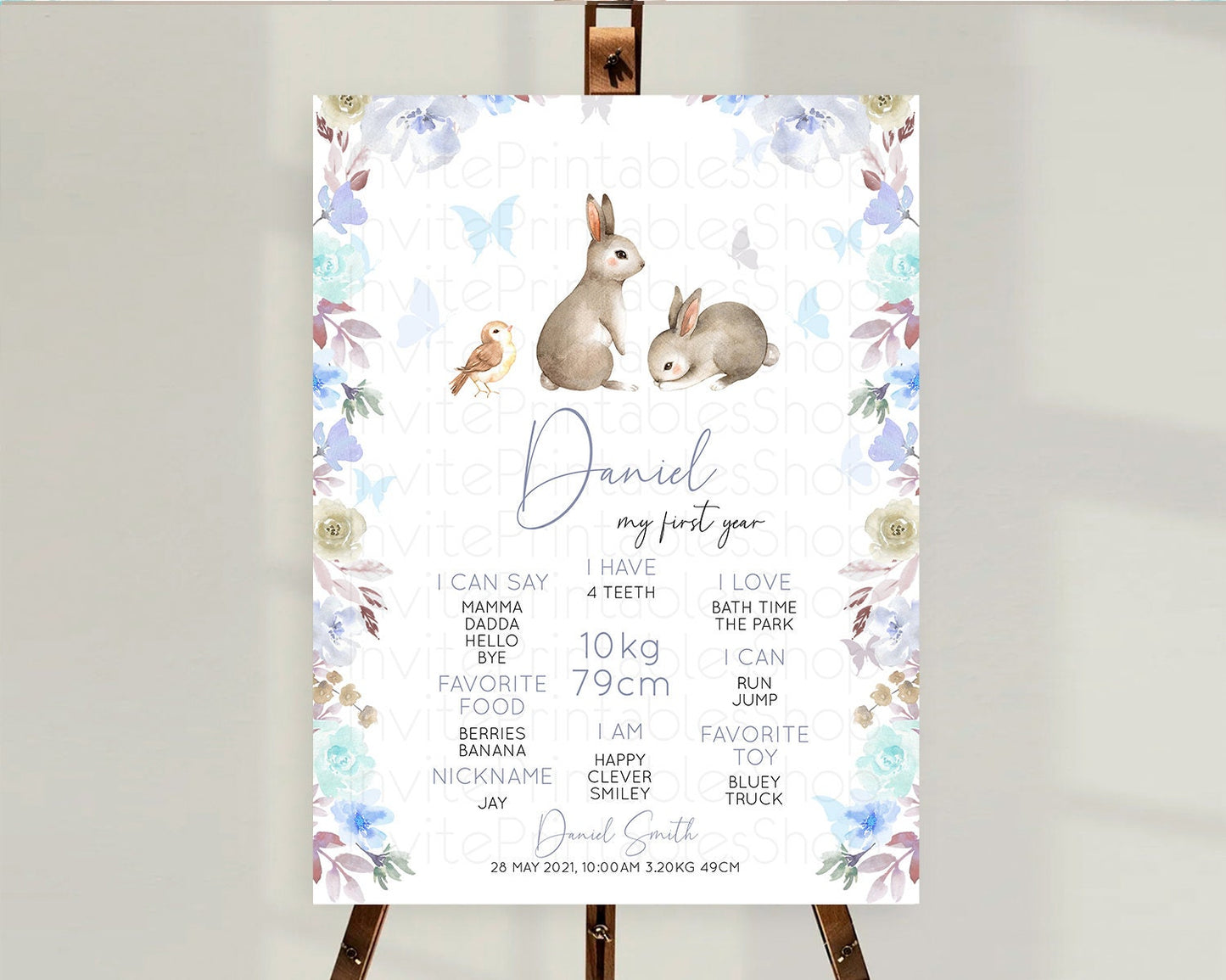 Bunny First Birthday Milestone Board Floral Bunny Milestone Poster Pastel Flowers Woodland Bunny Milestone 1st Birthday Welcome Sign D10927