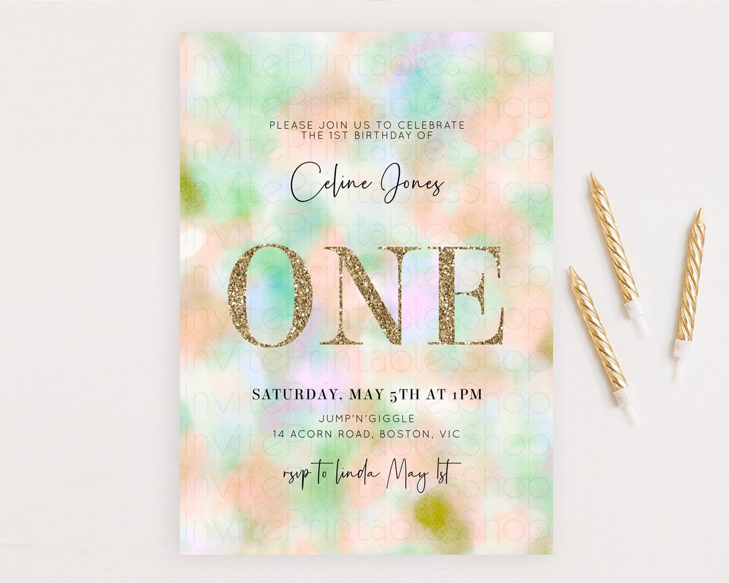 Rainbow Birthday Invitation Colorful Pastel Watercolor Invitation Gold Glitter Sprinkles Ombre Pastel 1st 2nd 3rd Birthday D10693