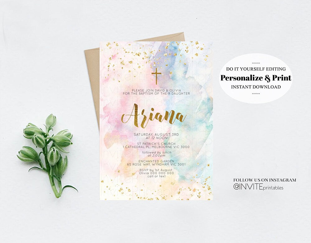 Rainbow Baptism Invitation Colorful Watercolor Christening Invitation Pastel Invite Splash Gold Splatter Foil Communion Orthodox Cross 276