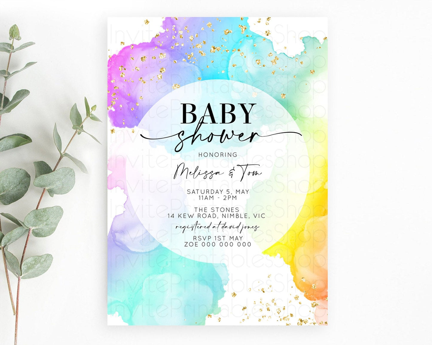Pastel Baby Shower Invitation Rainbow Baby Shower Invitation Colorful Pastel Watercolor Invitation Gold Glitter Sprinkles Ombre D10213