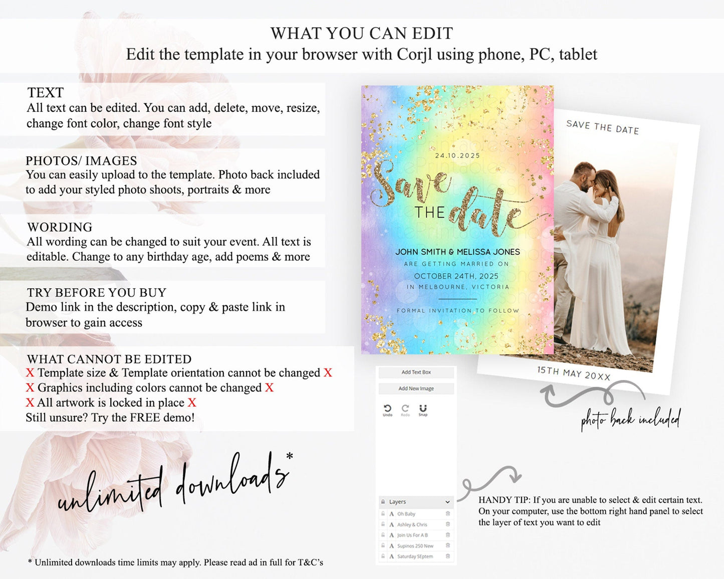 Tie Dye Save The Date Template Rainbow Pastel Ombre Watercolor Party For 1st Birthday Baptism Baby Shower Bridal Shower Wedding D10568