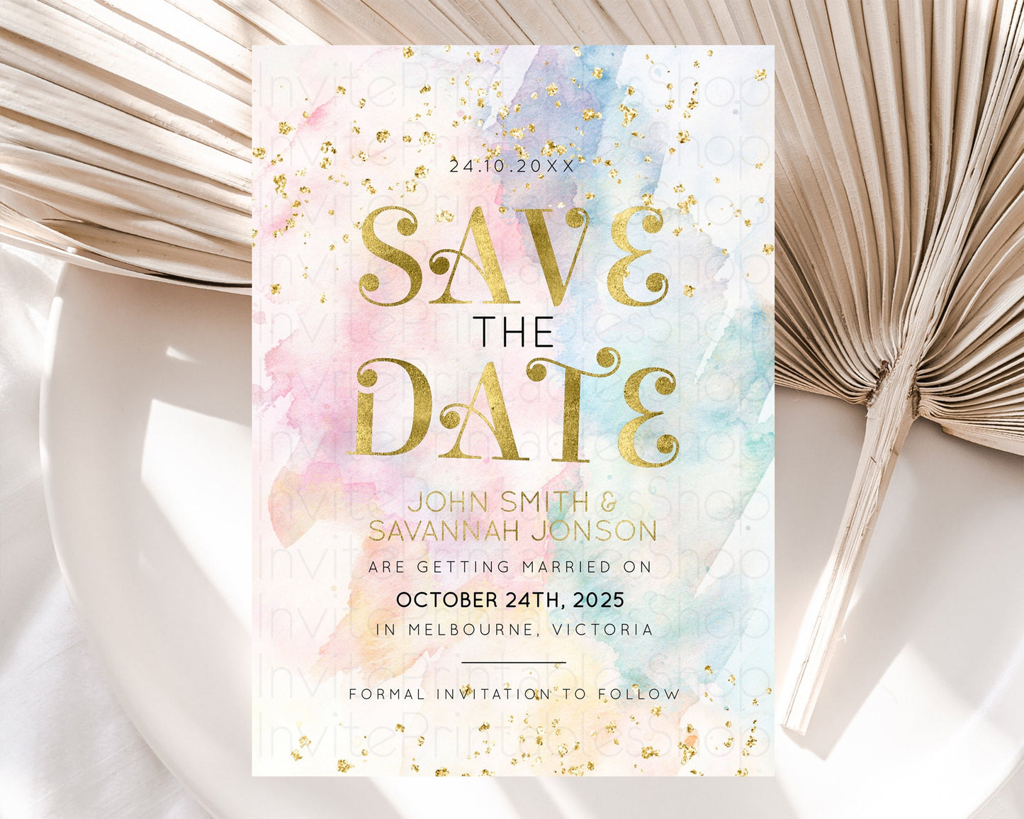 Pastel Save The Date Template Pastel Ombre Rainbow Watercolor Colorful Party For Birthday Baptism Baby Shower Wedding Bridal Shower D10835