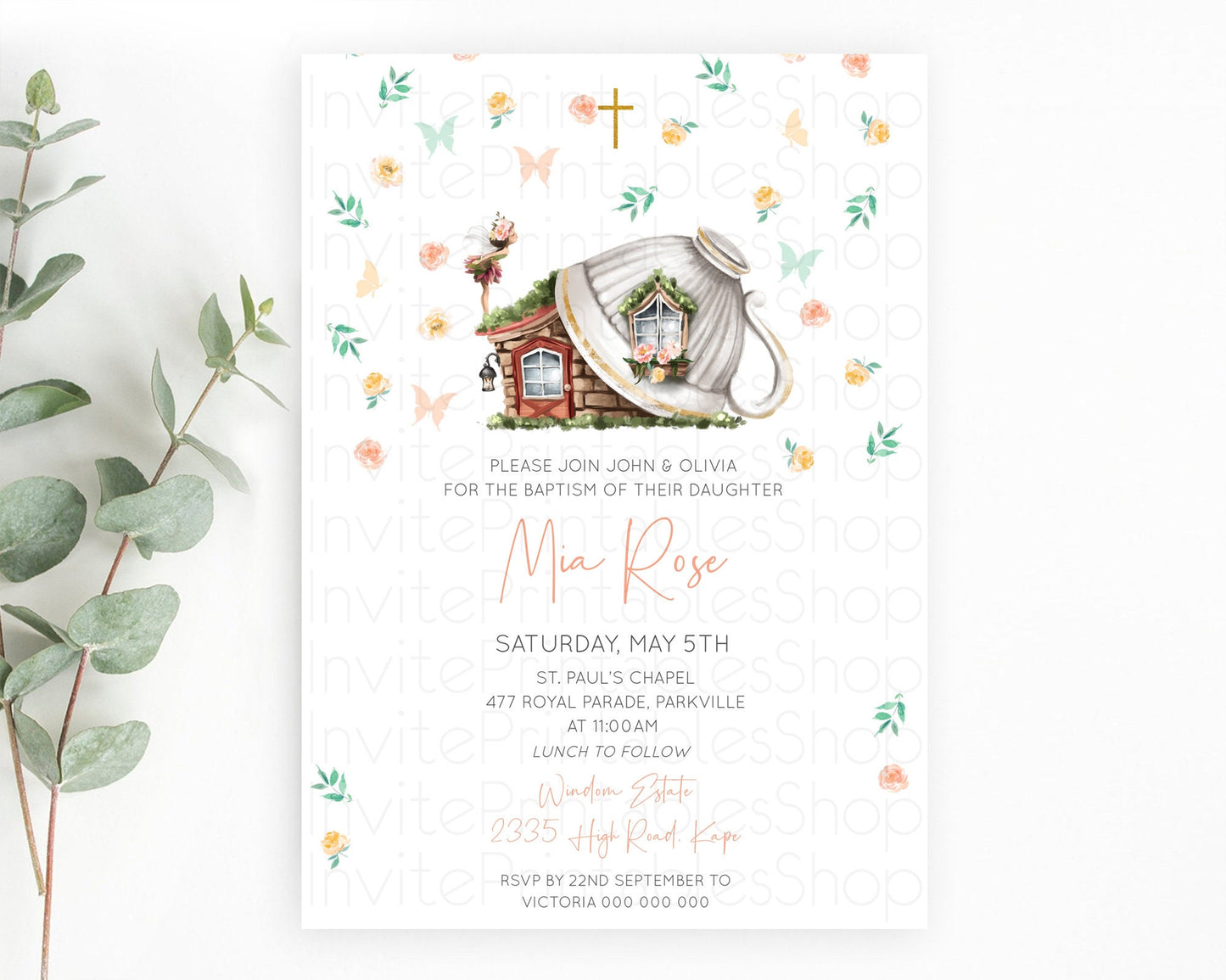 Fairy Baptism Invitation Fairy Baptism 1st Birthday Invitation Enchanted Secret Garden Christening Invite Pastel Floral Butterfly D10383