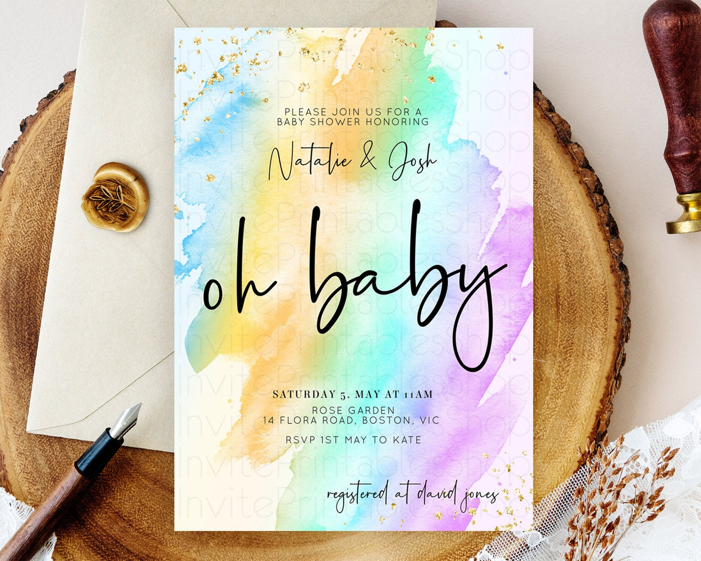 Pastel Baby Shower Invitation Rainbow Baby Shower Invitation Colorful Pastel Watercolor Invitation Gold Glitter Sprinkles Ombre D10427