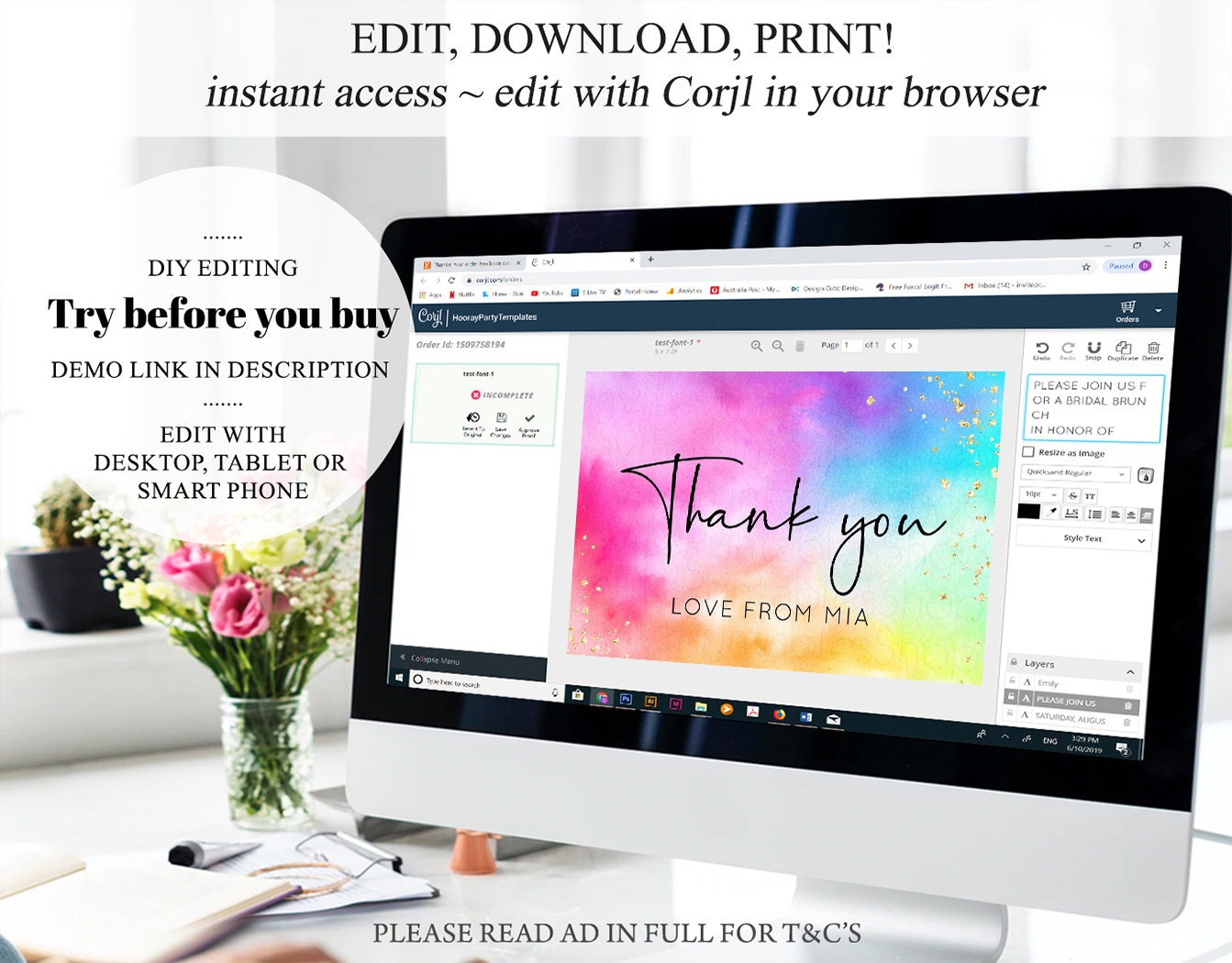 Pastel Rainbow Thank you Colorful Watercolor Folded Gift Cards Custom Note Message Glitter Birthday Engaged Baby Shower Wedding Guests 509