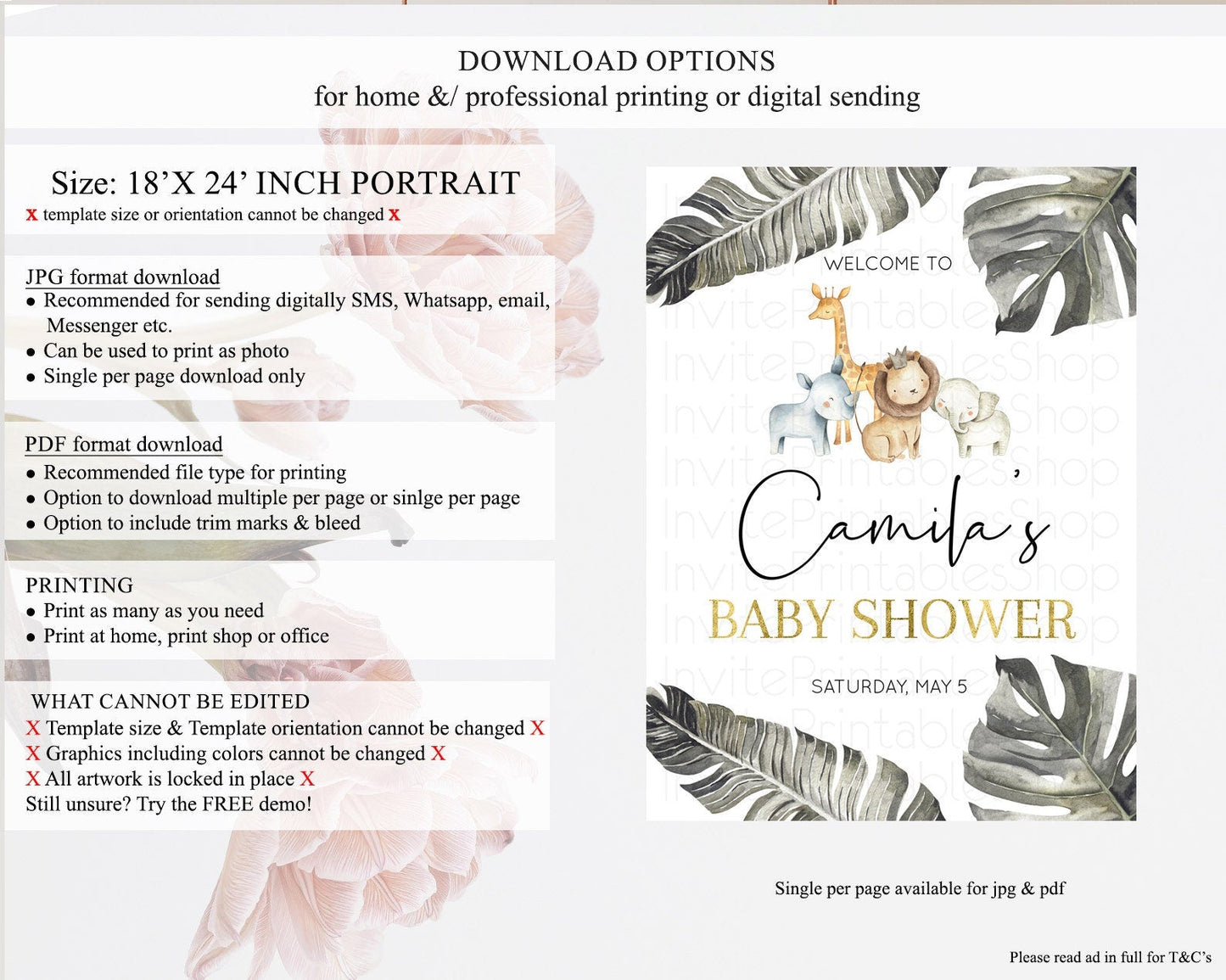 Safari Baby Shower Welcome Sign Safari Welcome Board Lion Gorilla Elephant Rhino Tropical Palm Zoo Party Decor Safari Welcome Poster D10599