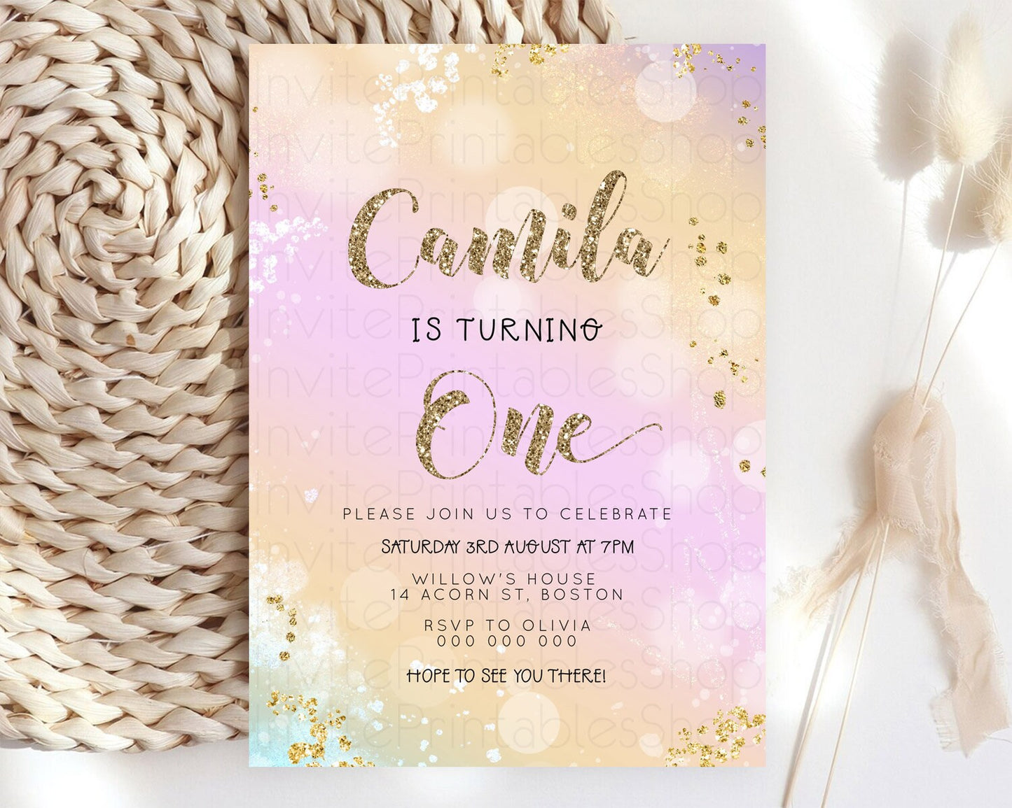 Rainbow Birthday Invitation Colorful Pastel Watercolor Invitation Gold Glitter Sprinkles Ombre Pastel 1st 2nd 3rd Birthday D23122