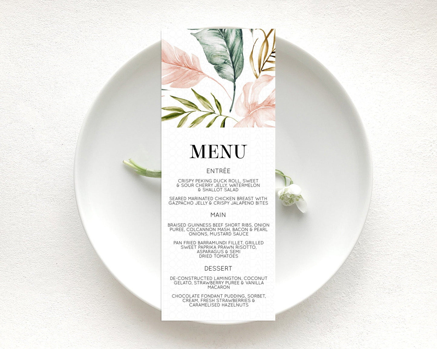 Tropical Menu Template Tropical Menu Palm Leaf Fern Table Decor Frangipani Floral White Orchid Dinner Dessert Menu Party Food Menu D11064