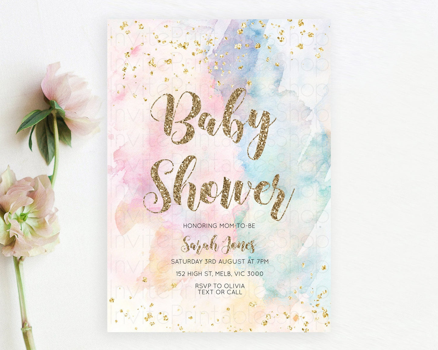 Rainbow Baby Shower Invitation Pastel Watercolor Invitation Colorful Splash Gold Splatter Glitter Foil Sprinkles Confetti Editable D10264