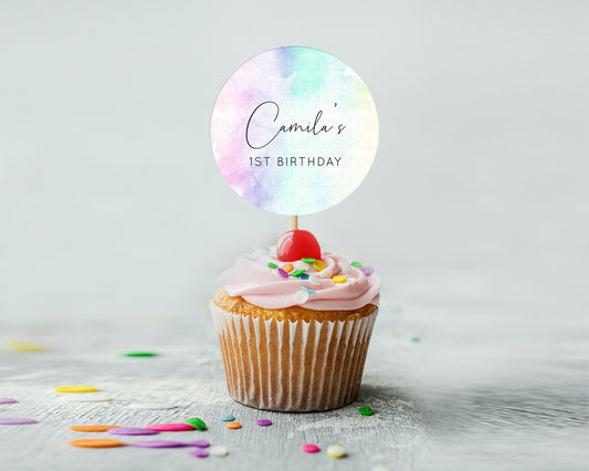 Editable Rainbow Cupcake Toppers Pastel Cupcake Toppers Colorful Pastel Wate