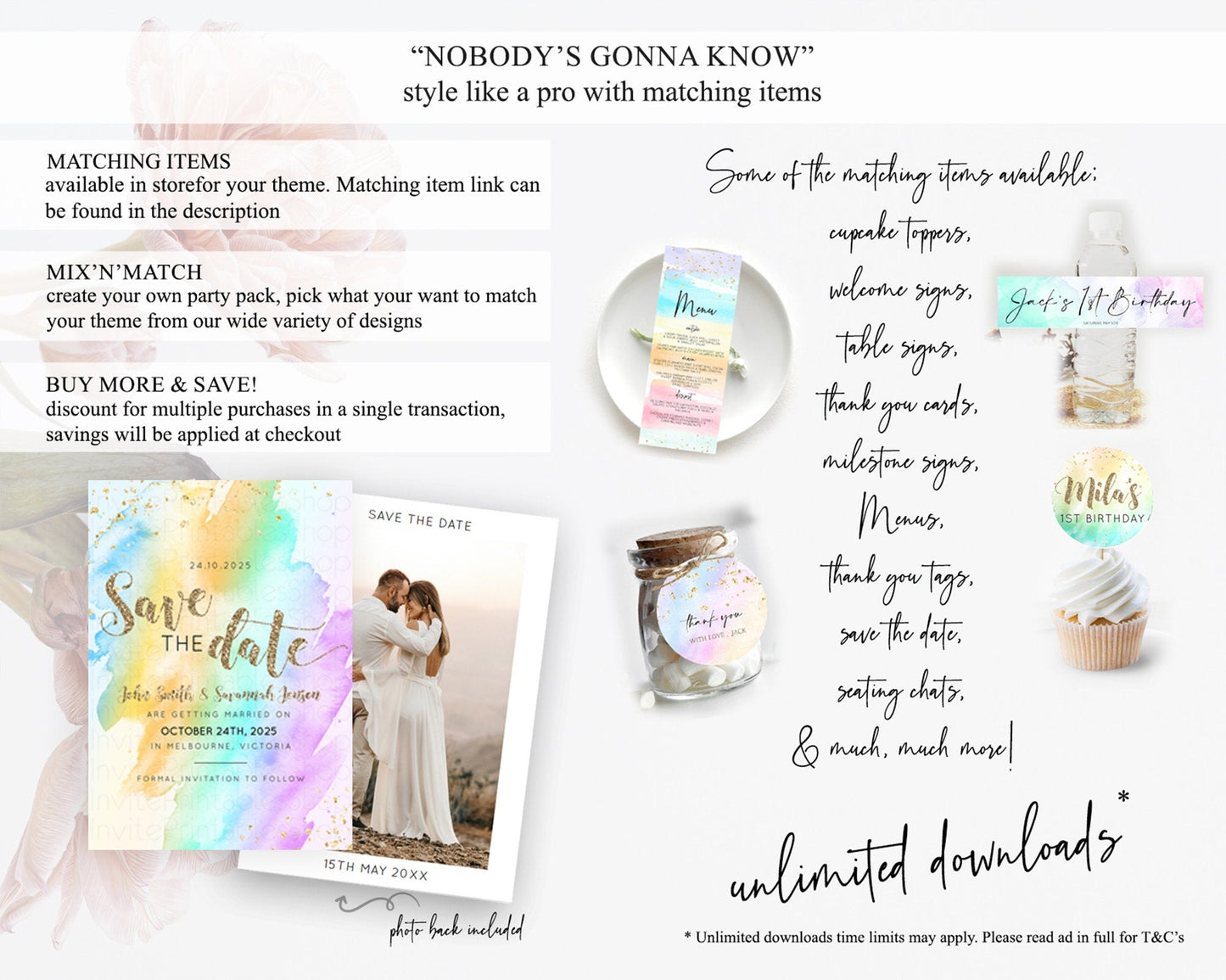 Pastel Save The Date Template Pastel Ombre Rainbow Watercolor Colorful Party For Birthday Baptism Baby Shower Wedding Bridal Shower D10426