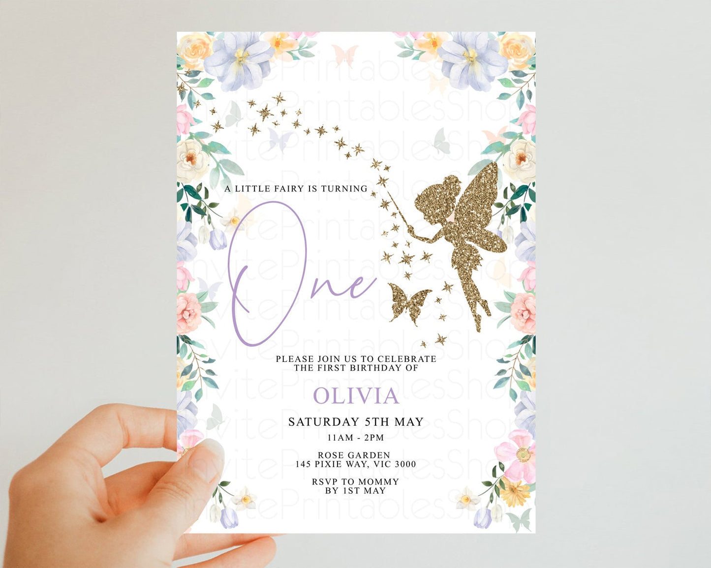 Fairy Birthday Invitation Glitter Fairy Invite Enchanted Garden Tinkerbell Invite Pastel Floral Invite Butterfly Garden Invite 1st 2nd F513