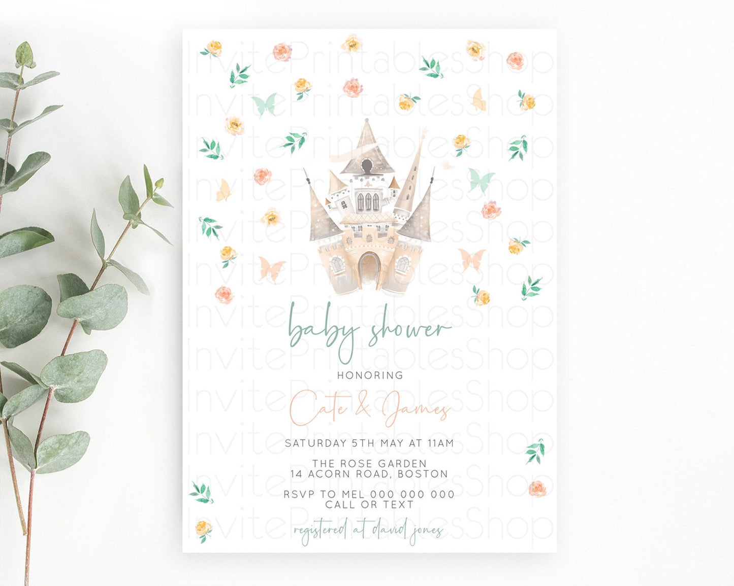 Enchanted Castle Princess Baby Shower Invitation, Orange, Green Floral, Butterflies, Secret Garden Theme, Royal Baby Prince, Princess D10363