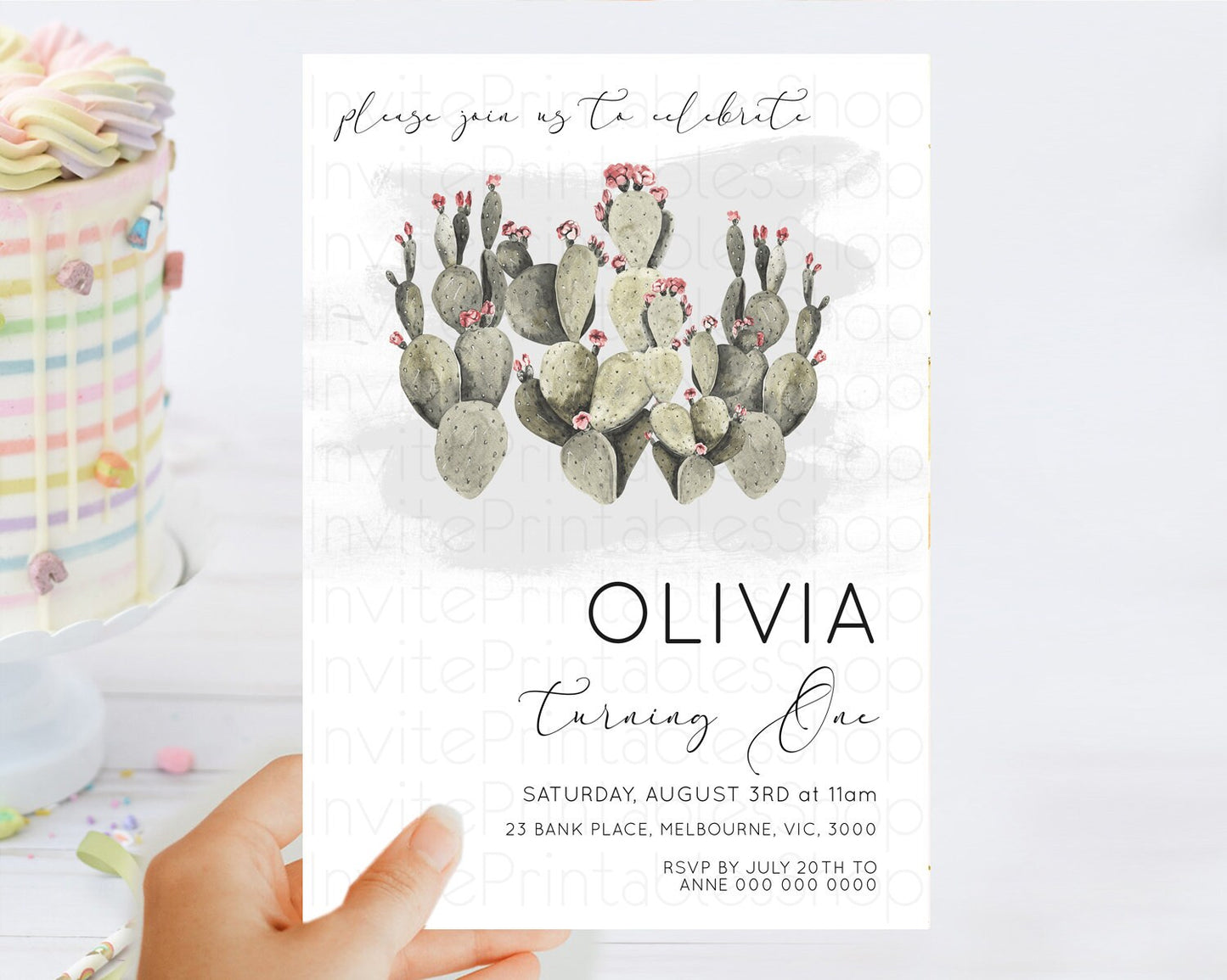 Prickly Pear Invitation Birthday Prickly Pear Invitation Cactus Invitation tropical fiesta invites Watercolor 3rd 2nd First Birthday D11015