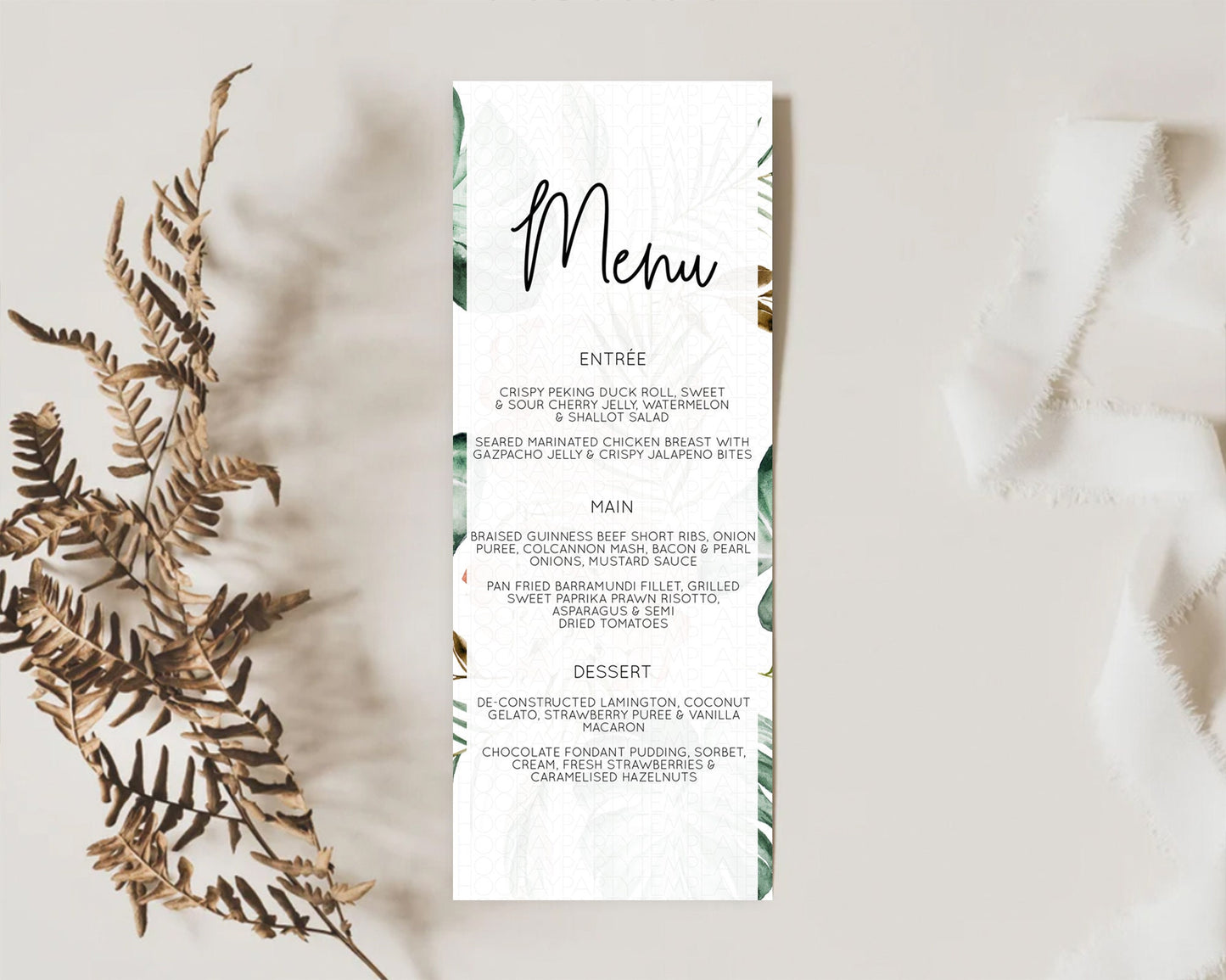 Tropical Menu Template Tropical Menu Palm Leaf Fern Table Decor Frangipani Floral White Orchid Dinner Dessert Menu Party Food Menu D11053