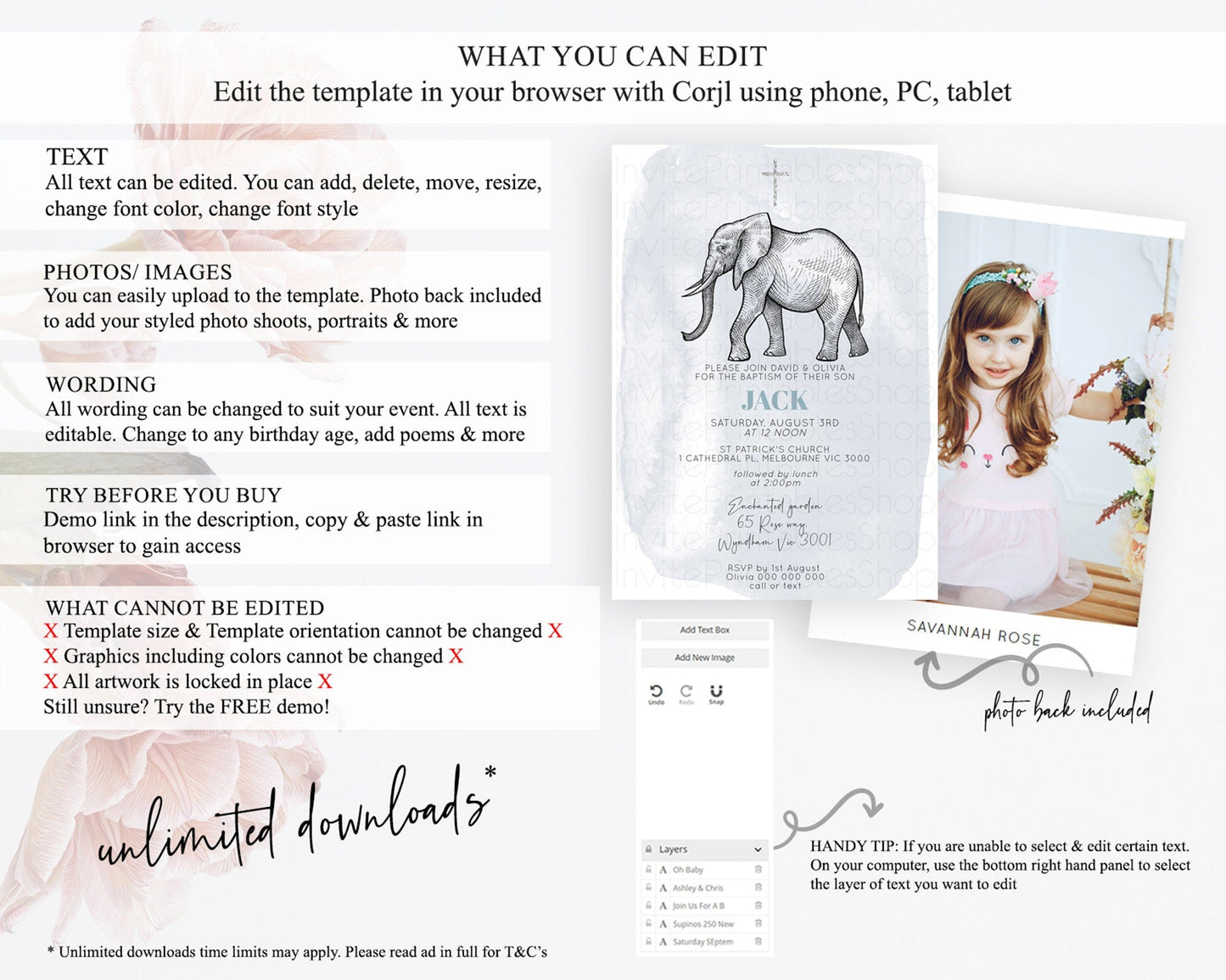 Elephant Baptism Invitation Elephant Baptism 1st Birthday Invitation Safari Christening Invitation TWO Wild ONE Jungle Adventure Zoo D10811