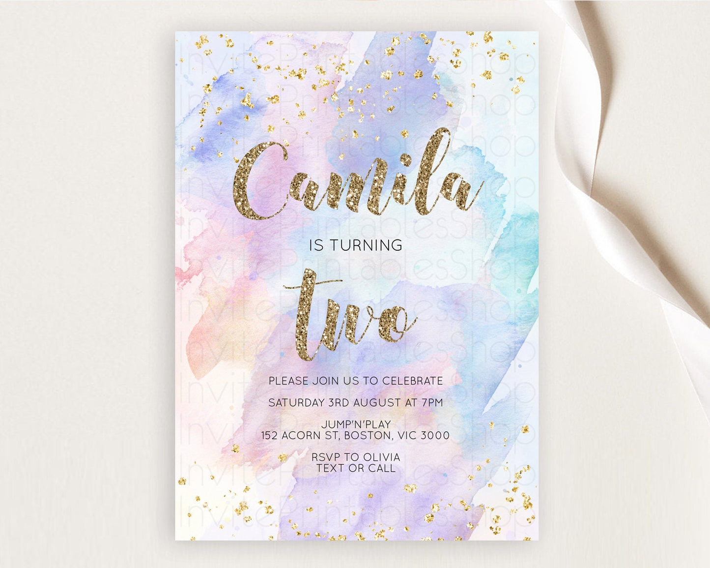 Rainbow Birthday Invitation Colorful Pastel Watercolor Invitation Gold Glitter Sprinkles Ombre Pastel 1st 2nd 3rd Birthday D10583