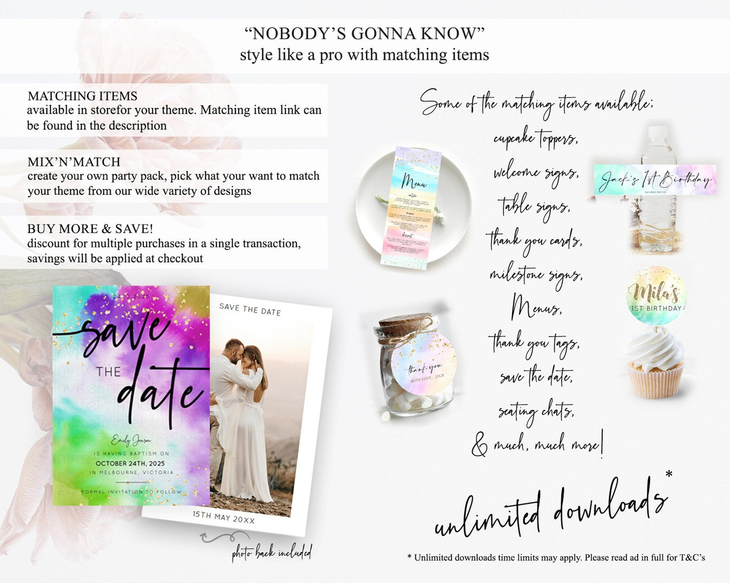 Tie Dye Save The Date Template Rainbow Pastel Ombre Watercolor Party For 1st Birthday Baptism Baby Shower Bridal Shower Wedding D10536