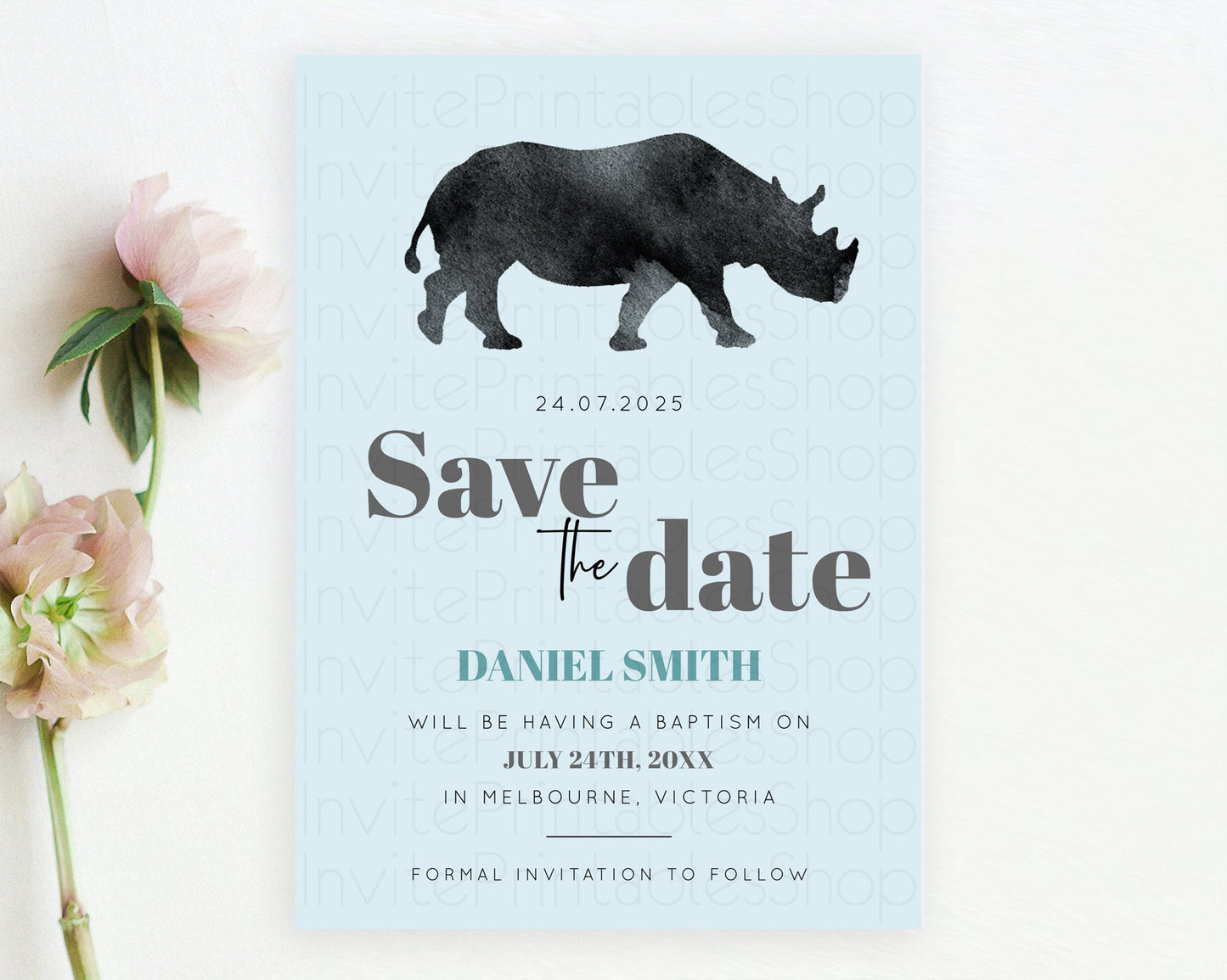 Rhino Save The Date Template Rhino Party Save The Date Safari Adventure Rhino Minimal Theme For 1st Birthday Baptism Baby Shower D10801