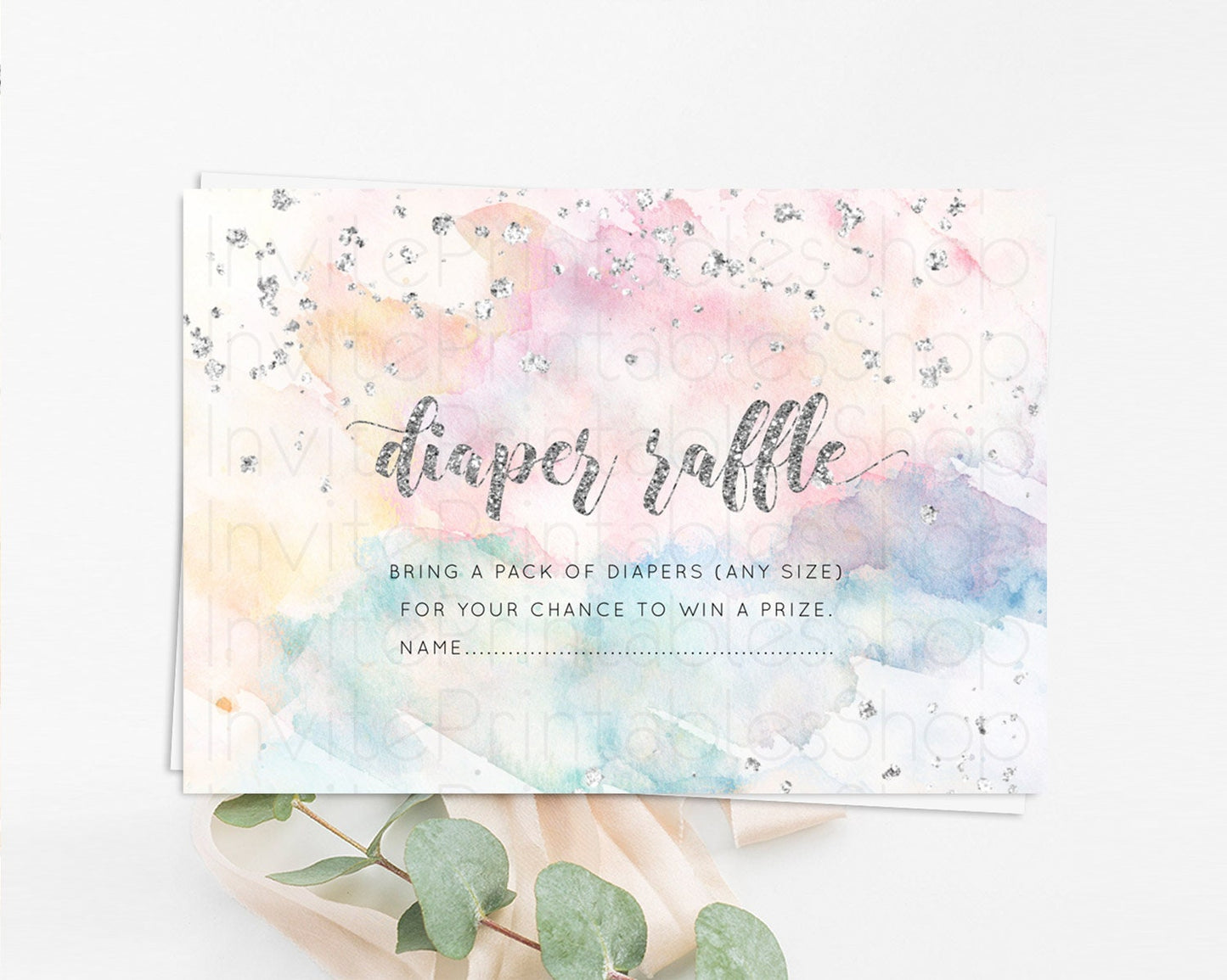 Pastel Rainbow Diaper Raffle Card Pastel Diaper Raffle Insert Pastel Colorful Diaper Ticket Confetti Watercolor Silver Raffle Game D10944