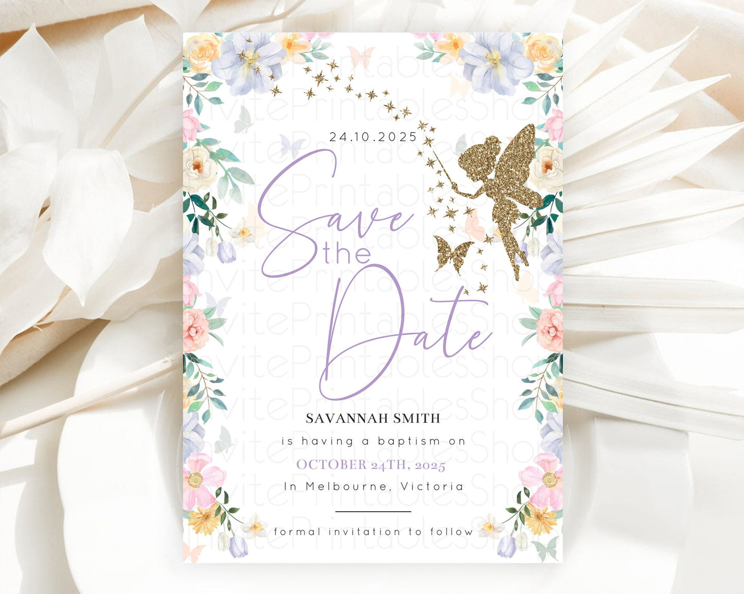 Fairy Save The Date Template Enchanted Garden Pastel Floral Butterfly Party Secret Garden Birthday Baptism Baby Shower Bridal Shower D10474