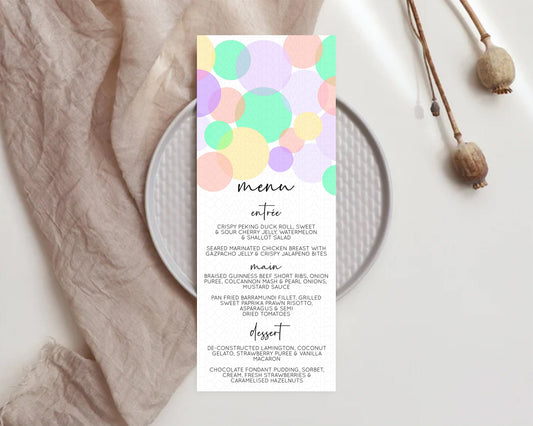 Rainbow Menu Pastel Menu Template Pastel Rainbow Table Decor Confetti Colorful Pastel Menu Confetti Menu Dinner Plate Party Decor D10380