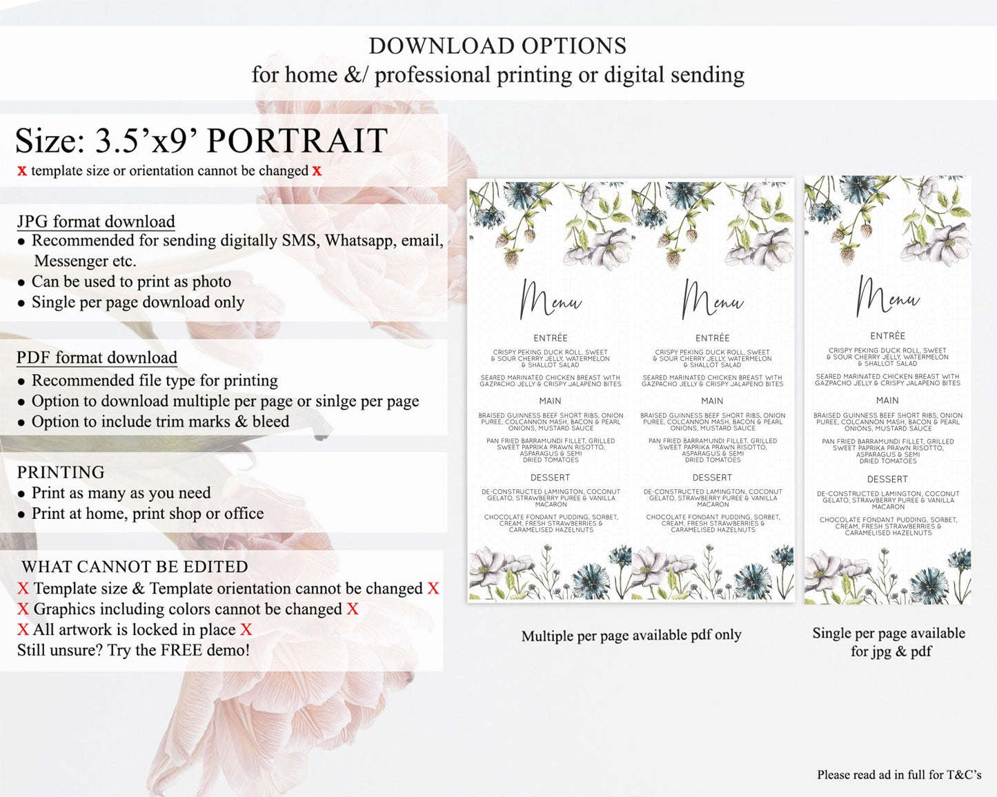 Secret Garden Menu Wildflower Menu Template Pastel Flower Garden Table Decor Boho Floral Dinner Dessert Floral Party Food Menu D11002