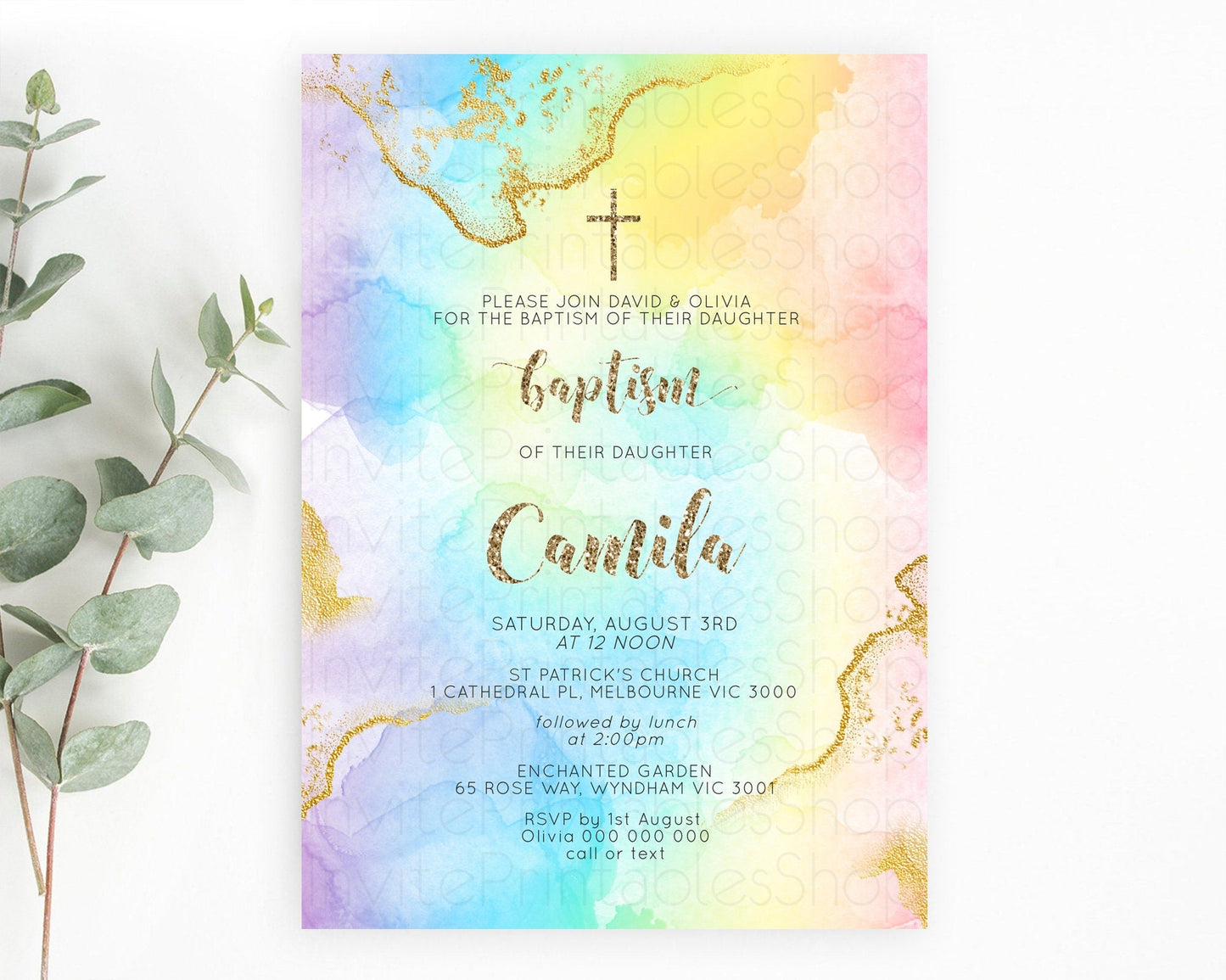 Pastel Baptism Invitation Pastel Colors Watercolor Baptism 1st Birthday Party Gold Ombre Pastel Rainbow Christening Holy Communion D10589